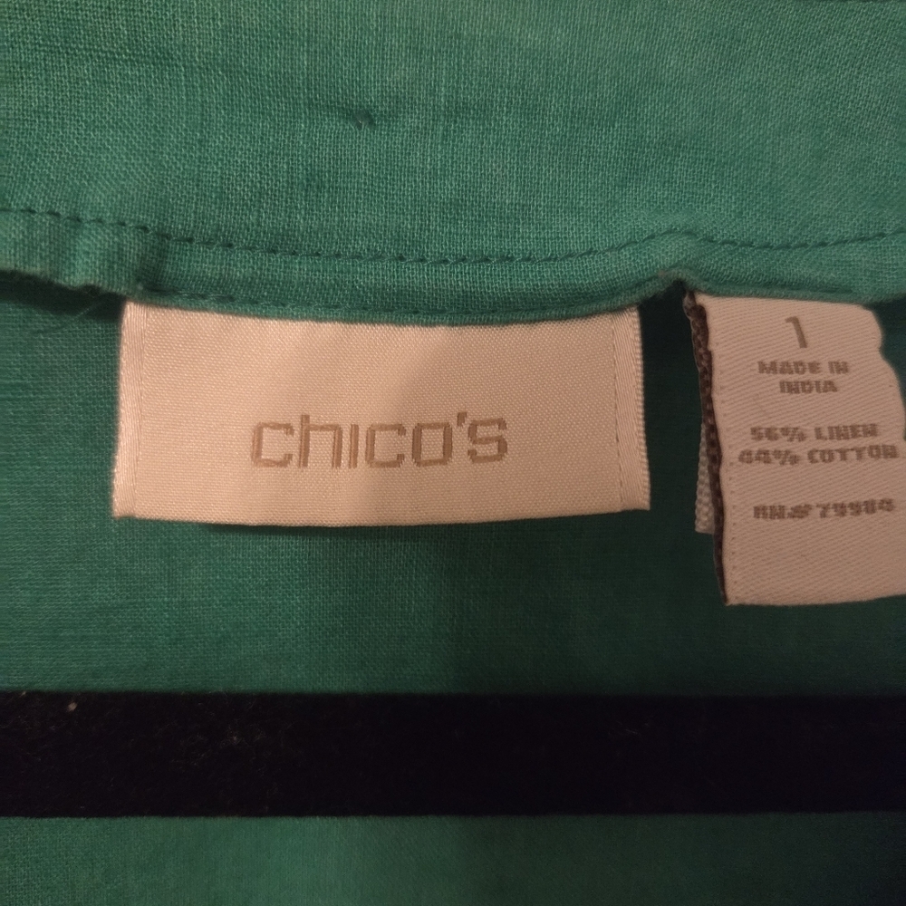 Chico’s Womans Green Linen Blend Beaded Tunic Top. Sz 1/M Resortwear Coastal - Picture 8 of 9